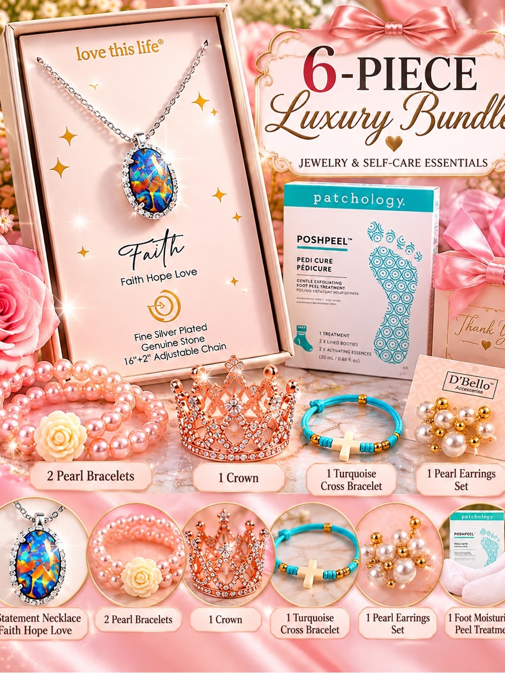 6-Piece Luxury Bundle: Statement Necklace Pearl Earrings 2Bracelet, Pink Crown